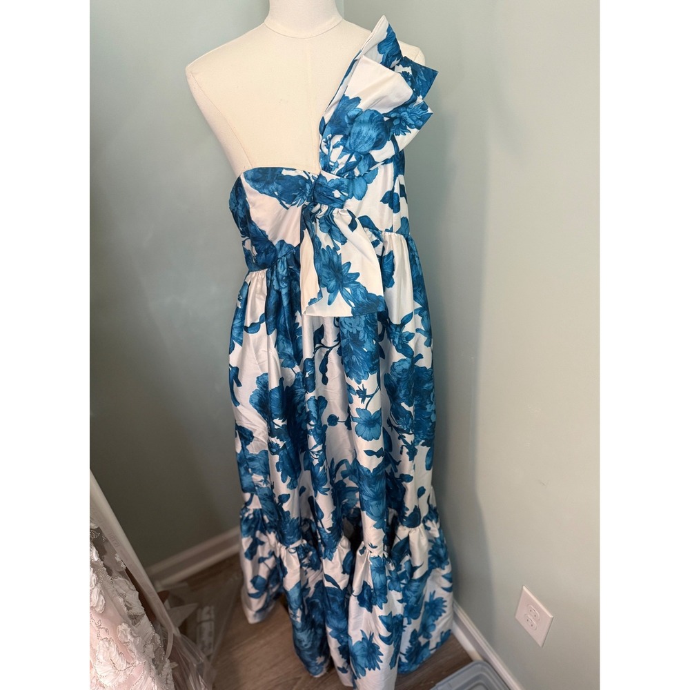 Atsu Blue White Floral One Shoulder Bow Maxi Dress Large NWT